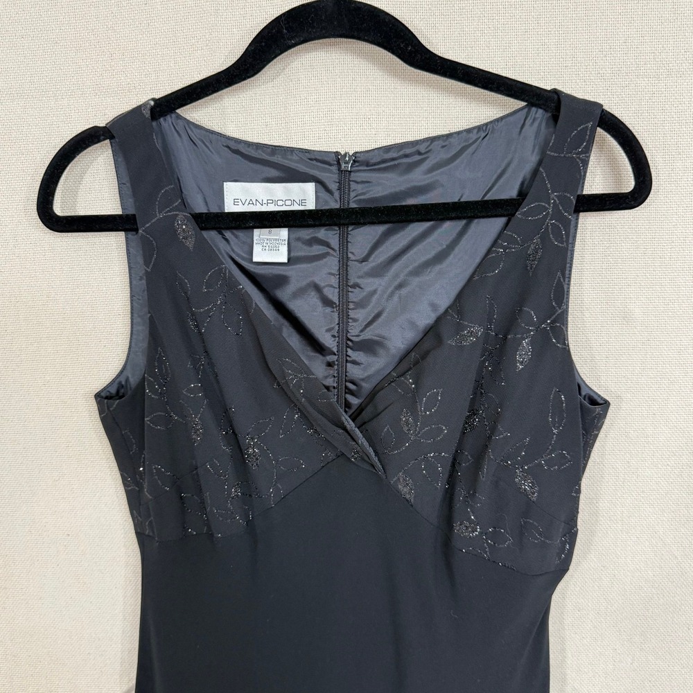 Evan-Picone Dress Womens 8 Black Sleeveless V-Neck Glitter Leaf Cocktail Sheath - Picture 3 of 8